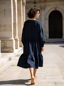 Robe longue élégante bleu marine à col rond pour femme, coupe ample, avec ourlet à volants, robe midi décontractée - Product Image 3
