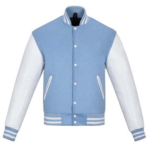 <b>Light</b> Blue Color Wool Body With White Color Leather Sleeve Varsity Men's Jackets OEM Custom Button <b>Up</b> Breathable Baseball Jacket - Product Image 1