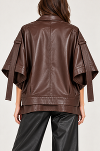 Women Brown PU Leather Utility Jacket Short Sleeve Batwing Turn-down Collar Single <b>Button</b> Solid Color - Product Image 6
