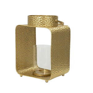 Lanterne vintage en métal doré pour la décoration intérieure, porte-bougie en métal, bougeoir en aluminium moulé, finition dorée - Product Image 1