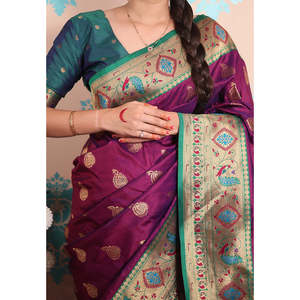 ผ้าไหมพิธาไนสีม่วงลายวีฟ  ผ้าไหมทอสีม่วงลายวีฟ  น้ำหนัก 650 กรัม  เสื้อผ้าอินเดียและปากีสถาน - Product Image 1