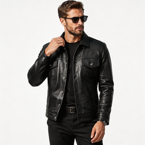Veste en cuir véritable noire pour homme, col rabattu, coupe classique, simple boutonnage, style moto, couleur unie, pour l'automne - Product Image 2