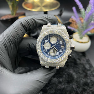Reloj Cronógrafo con Diamantes Moissanite, Esfera Azul, Cristal de Lujo, Acero Inoxidable, Cuarzo Analógico, Unisex - Product Image 1