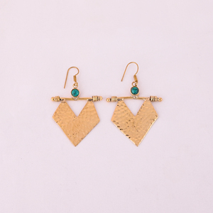 Gold Plated Brass Drop Chevron <b>Earrings</b> with Trendy Green Onyx Stone 62x40MM Size Women's - Product Image 1