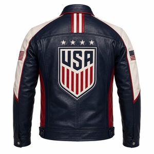 Blouson Bomber Moto en Cuir Bleu Marine pour Homme avec Logo Personnalisé, Patch Drapeau Américain, Col Montant Décontracté – Vente en Gros - Product Image 6