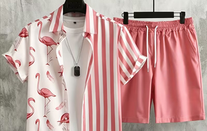 Pink Flamingo Print Polyester/Cotton Slight Stretch Short Sleeve Shirt with Matching Shorts Set for Boys Casual Wear - Product Image 4