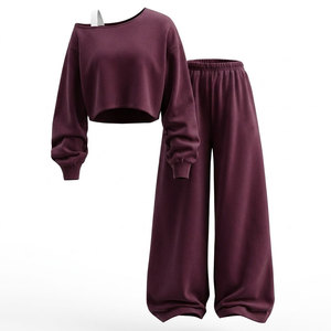 Conjunto Casual de 2 Piezas para Mujer: Sudadera Corta Oversize de Cuello Redondo y Manga Larga con Pantalones Anchos, 100% Algodón Ecológico - Product Image 1