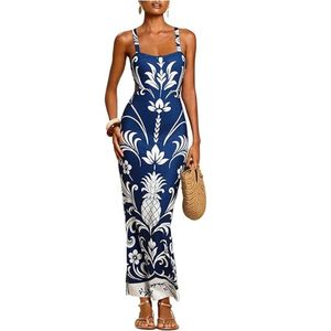 Women's Casual Summer Spring <b>Tropical</b> Print Halter Neck Bow Back Cotton Lining Fabric Sleeveless Maxi <b>Dress</b> for Beach Vacation - Product Image 1