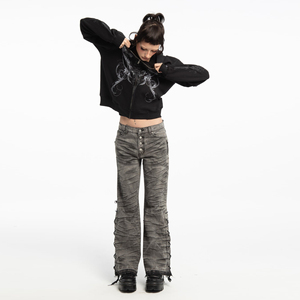 Sudadera con capucha oversize de moda urbana para hombre, con lavado ácido, efecto desgastado, pedrería y estilo vintage, con cremallera. Proveedor mayorista de sudaderas unisex. - Product Image 6