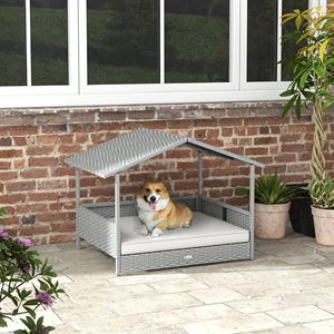 Casa para Perros de Mimbre para Exteriores con Toldo Resistente al Agua y Cojín, Cama de Ratán para Perros Pequeños y Medianos, Mueble Elevado para Mascotas - Product Image 1