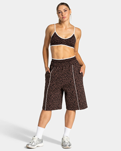 Shorts Bermuda pour femmes, imprimé léopard marron, doublure contrastée, taille élastique avec poches, doux et respirant, short premium surdimensionné - Product Image 5