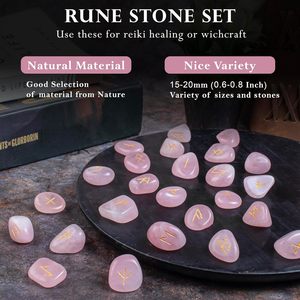 Ensemble de pierres runiques en quartz rose, 25 pièces gravées avec des symboles dorés, polies, forme libre, faites à la main pour la pratique du Reiki - Product Image 4