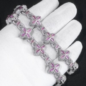 Gorgeous Delicate Romantic Pink Micro Pave CZ Four Petal Flower Link Chain Copper <b>Statement</b> Floral <b>Necklace</b> - Product Image 2