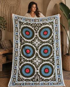Couvre-lit en coton brodé Suzani de qualité supérieure, blanc, noir, bleu, corail, motif floral, médaillon, fait main, décoration intérieure indienne bohème - Product Image 3