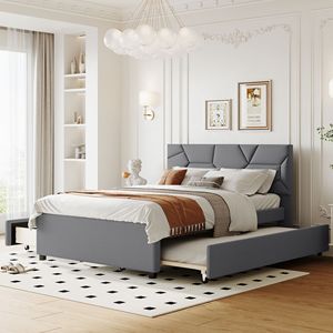 Letto matrimoniale imbottito con testiera in tessuto di lino grigio con motivo a mattoni e letto estraibile singolo con 2 cassetti - Product Image 1