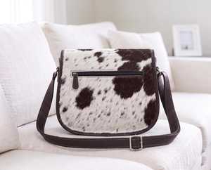Premium Western Cowhide Leather Crossbody <b>Bag</b> <b>Black</b> White Pattern Casual Style With Buckle Closure - Product Image 3