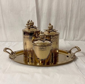 Magnifique ensemble de boîtes de conservation en acier inoxydable martelé doré avec plateau ovale décoratif, hermétique et alimentaire, pour cuisine - Product Image 1
