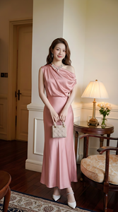 เดรสยาวทรงหรูสำหรับผู้หญิง จัดส่งรวดเร็ว ดีไซน์จีบระบาย คอปกโปโล แต่งเข็มขัด ผ้าซาตินรักษ์โลก ทรงเข้ารูปช่วงเอว - Product Image 5