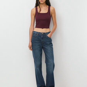Débardeur court en maille tricotée bordeaux de haute qualité pour femme, col carré uni, sans manches, décontracté, 100 % coton, OEM ODM - Product Image 4