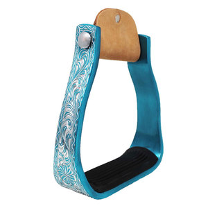 Estribos de aluminio turquesa con grabado floral plateado y almohadilla de goma negra. Estribos de goma negra. Estribos de aluminio para caballo. - Product Image 1