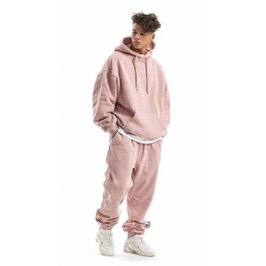 Mens Pink Hooded Tracksuits Set Full Sleeves Loose Fit Solid Color Casual Autumn Wear 100% Cotton Breathable Drawstring Closure - Product Image 1