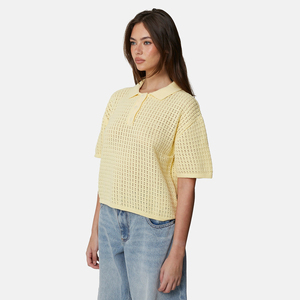 Camiseta de Punto de Manga Corta para Mujer, Color Amarillo Pálido, Casual, Transpirable, de Poliéster, con Logotipo Personalizado Bordado a Máquina - Product Image 4