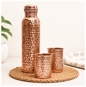 Hammered Copper Water Bottle with 2 Tumbler Glasses Set Leak-Proof Ayurvedic <b>Drinkware</b> Lacquer Coated for Office - Product Image 4