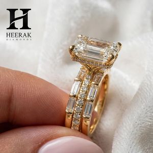 Trendy Elongated Emerald Cut Wedding <b>Ring</b> <b>Set</b> Heavy 3 Layer Interlocking Step Cut Band 10K 14K Yellow <b>Gold</b> Jewelry - Product Image 3
