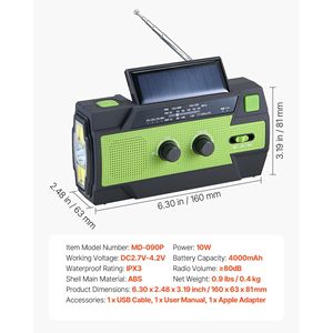 Radio meteorologica solare di emergenza da 4000 mAh con manovella, luce LED, allerta FM/AM/WB/NOAA, ricarica USB e allarme SOS - Product Image 4