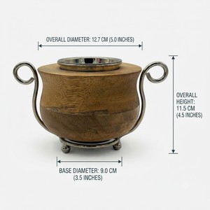 Elegant Wooden Bowl Incense Burner Featuring Curved <b>Silver</b> <b>Wire</b> Side Handles With A Matching Footed Base Metal Dish Insert - Product Image 3