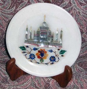 Handicraft Natural Black Marble Decorative Tajmahal Inlaid Design Round Shape Dining <b>Plate</b> For Export - Product Image 5