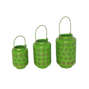 Set of 3 Off-White and Pink Metal <b>Candle</b> Lanterns Perforated Filigree Floral Pattern Cylindrical Body <b>Arch</b> Wire Handle Tabletop - Product Image 4