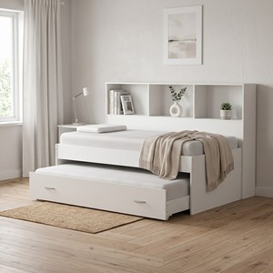 Lit de repos moderne 2227 avec lit gigogne intégré, tête de lit bibliothèque à 3 compartiments et étagères de rangement, mobilier en bois pour chambre d'enfant - Product Image 1