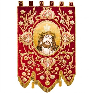 Handmade Red Velvet Church <b>Banner</b> Heavyweight Embroidered Liturgical Processional <b>Banner</b> with Gold Fringe - Product Image 1