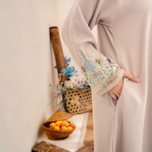 <b>STAR</b> IMPEX Light Gray Modest Abaya Floor Length Long Sleeve High Neck Embroidered Women's Prayer <b>Dress</b> Middle East Style Solid - Product Image 4