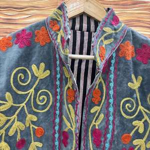 Handmade Blue <b>Velvet</b> Suzani <b>Jacket</b> With Floral Embroidery Stand Collar Full Sleeve <b>Women's</b> Autumn Outerwear - Product Image 2