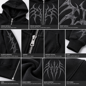 Sweat à capuche d'hiver streetwear gothique coupe classique motif crânes et papillons noir zippé graphique à pointes polyester/coton français - Product Image 5