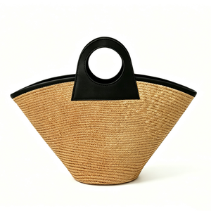 Customized Natural straw ring handle tote <b>bag</b>, black faux‑leather contrast trim woven handbag, fan‑shaped straw <b>basket</b> shopper - Product Image 1