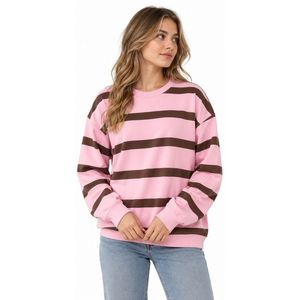 Sweat-shirts en coton pour femmes à rayures roses, col rond côtelé, manches longues, pull-over 100% coton, respirant, léger, décontracté - Product Image 2