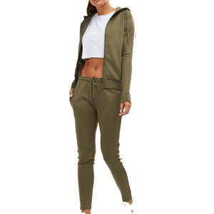 Conjunto Deportivo de 2 Piezas para Mujer, Color Verde Oliva, Sudadera con Capucha y Cremallera, Manga Larga, Tejido de Punto, Ajuste Deportivo, para Todas las Temporadas - Product Image 1