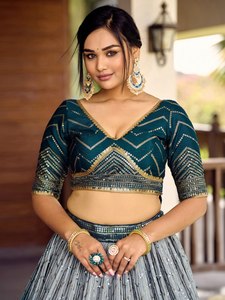 Teal Blue <b>Sequin</b> Lehenga Choli With Dupatta V Neck Embroidered Pleated Dress Bride Wedding Party Wear - Product Image 4