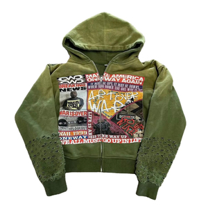 Service OEM personnalisé – Sweat à capuche zippé pour homme, style hip-hop, avec broderie de patchs vieillis et strass, coupe oversize, en molleton, idéal pour l'hiver - Product Image 1