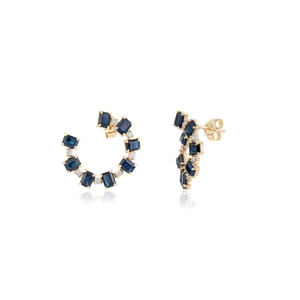 New Style 4.07 Ct. Blue Sapphire & Diamond Handmade Open Hoop Push <b>Back</b> <b>Earrings</b> For Women 14K Real Yellow Gold Trending Jewelry - Product Image 3