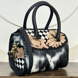 New Super September Floral Tooled Black & White Checker <b>Leather</b> Medium Speedy Duffel <b>Bags</b> Cowhide <b>Leather</b> Women Travel Handbags - Product Image 5