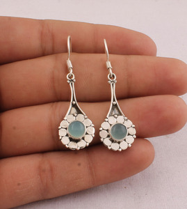 Wholesale Shree Jaipur <b>Silver</b> 925 Sterling <b>Silver</b> Natural Aqua Chalcedony Engagement Dangle <b>Earrings</b> Vintage Handcrafted Flower - Product Image 1