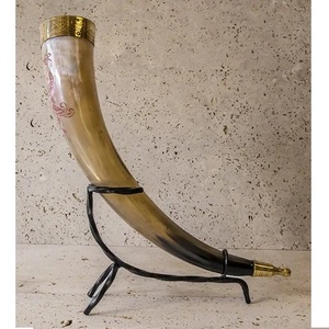 Indian Quality Natural <b>Crafts</b>-Viking Drinking Horn with Antique Animal Design Iron Stand Polished - Product Image 1