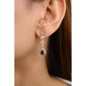 14K Solid Gold Natural Blue Sapphire <b>Diamond</b> Drop <b>Dangle</b> <b>Earrings</b> - Product Image 5