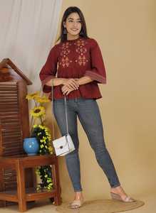 Túnica Peplum Étnica Casual de Diseñador para Mujer, Color Granate Premium, Bordada, con Corte Acampanado y Mangas Elegantes - Product Image 6