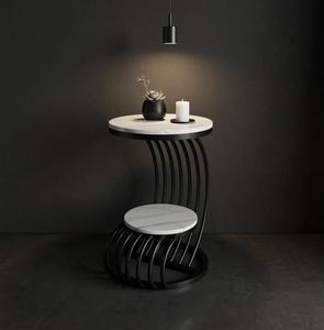 Modern Round Console <b>Table</b> with <b>Marble</b> <b>Top</b> and Metal Pedestal Base for Courtyard Furniture - Product Image 6