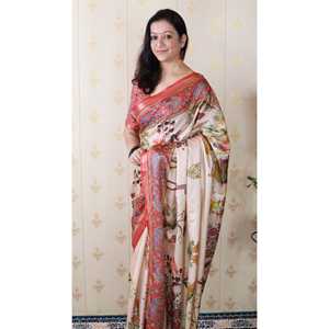 Sari Tradicional Tejido con Zari Estampado, Seda Tussar Roja, Pachititra, Blusas y Camisas para Mujer - Product Image 5